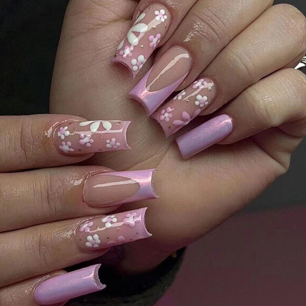 

Long Square Fake Nials Aurora Pink White Flowers Nail Tips Fashion False Nails DIY