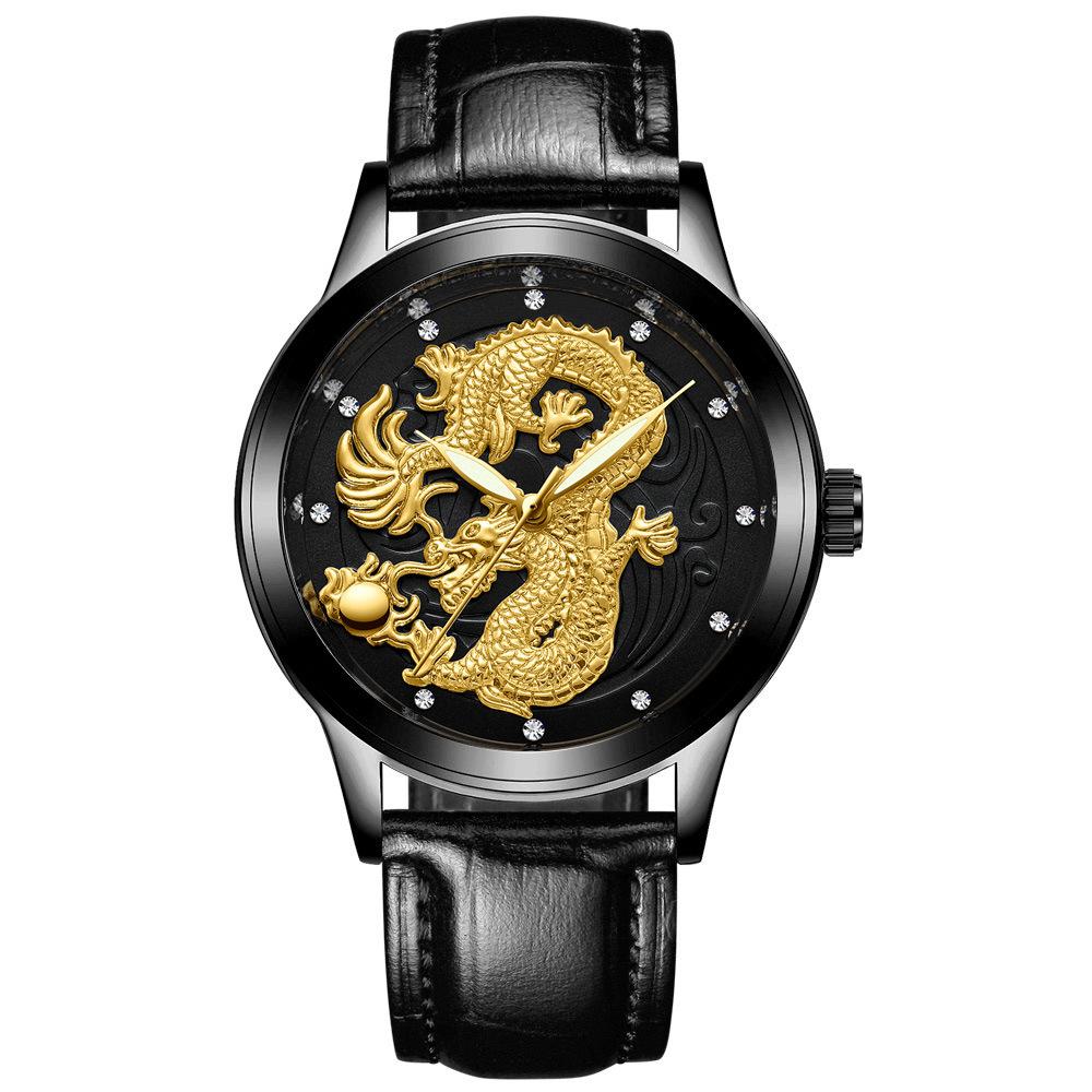 Fengzun Men s Gold Waterproof Luminous Quartz Watch with Ultra-Thin Steel Strap, Dragon and Phoenix Design