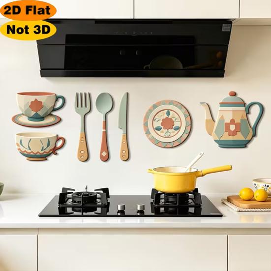 Vintage Tableware Pattern Stickers 7Pcs 2D Flat Kitchen Wooden Wall Decor, Retro Teapot Themed Peel Stick Dining Room Decor Art, Self?Adhesive