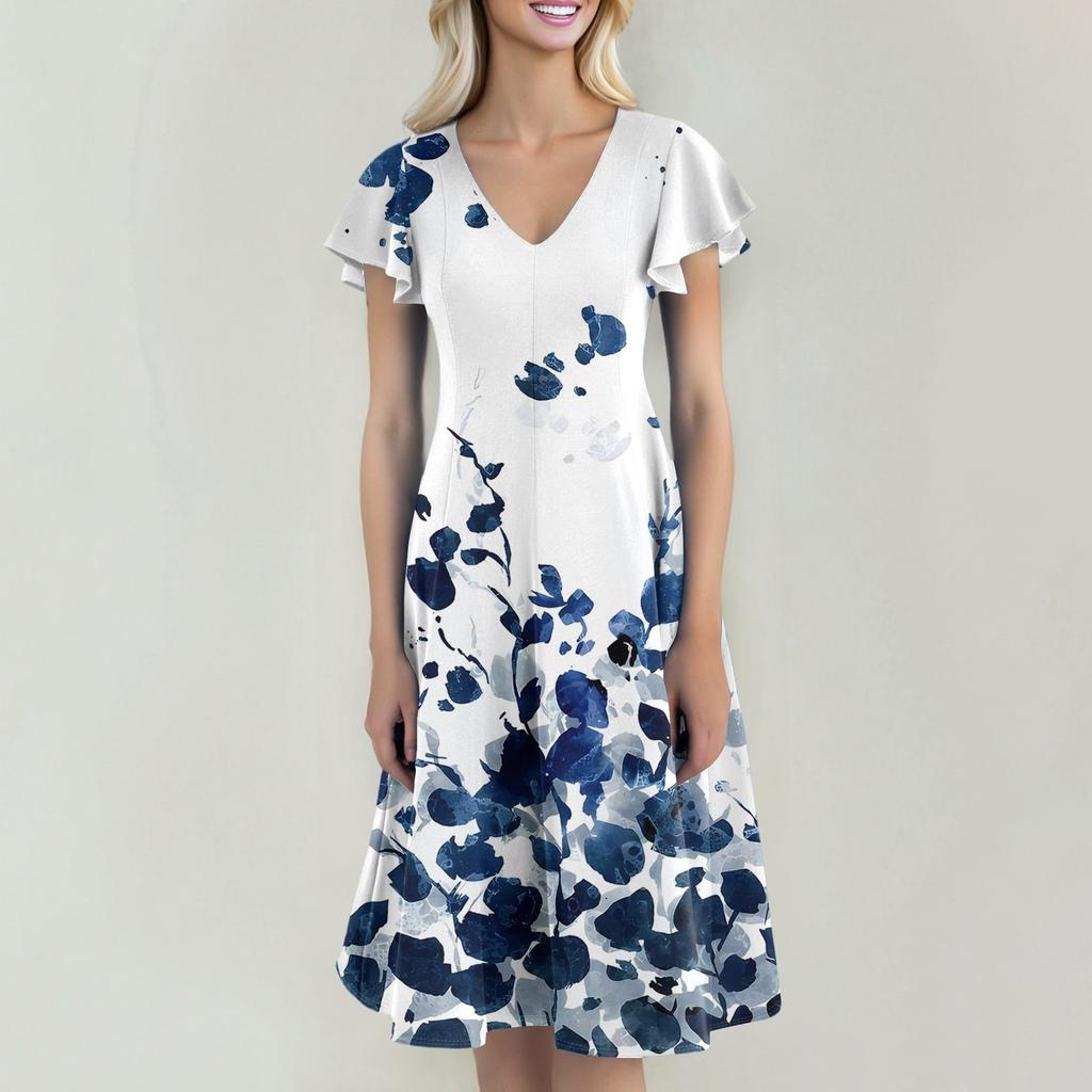 Women's Casual Fashion V-neck Short Sleeve Print Dress With Pockets