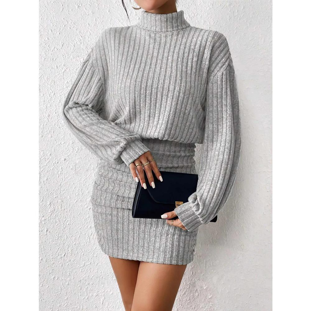 Women's Autumn Winter Fashion High Neck Knitted Sweater Dress Female Casual Solid Loose Long Sleeve Warm Mid Length Dresses