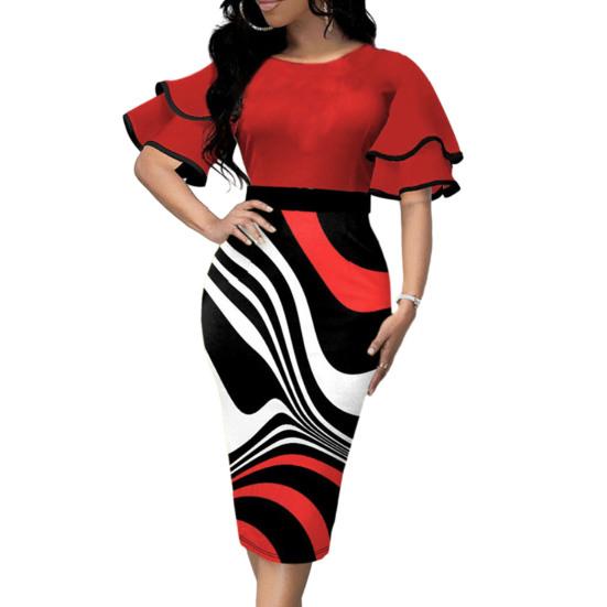

Женское облегающее платье с круглым вырезом и расклешенными рукавами, нерегулярное облегающее платье с геометрическим принтом, офисное женское рабочее платье, рабочая одежда L красный