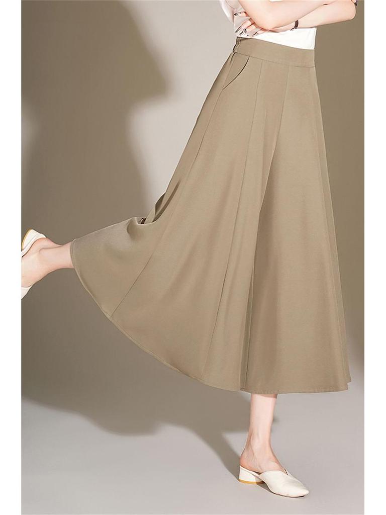 2026 Women's High-Waisted Ice Silk Wide-Leg Skort Pants - Casual Loose Nine-Point Skirt Pants