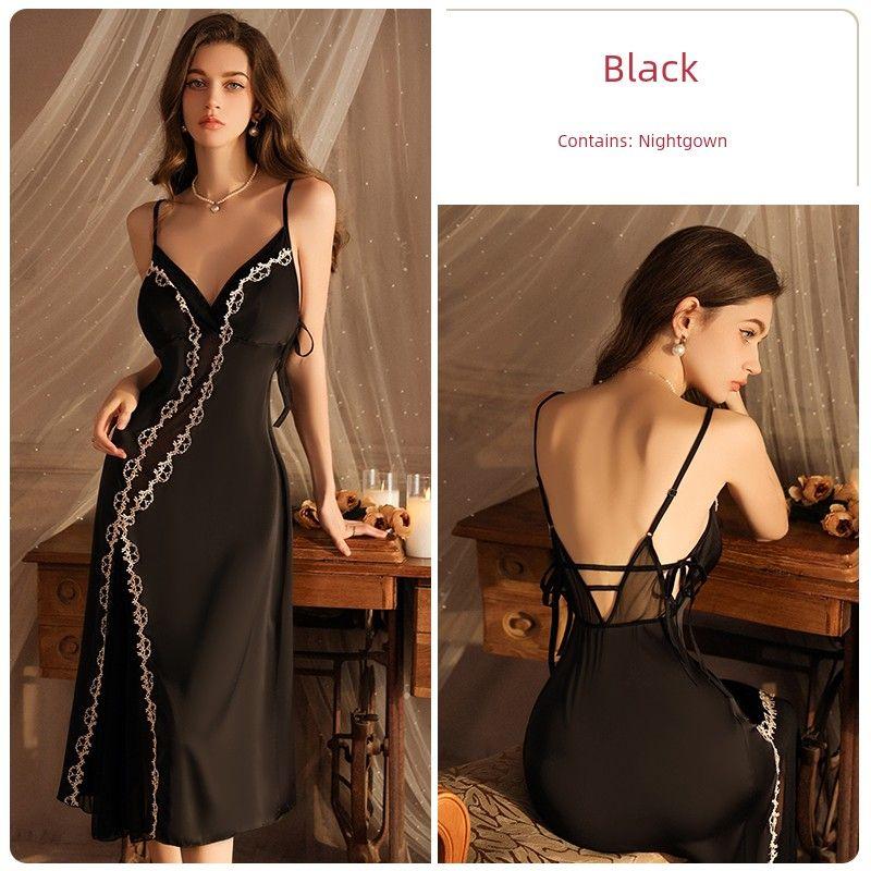 Good Morning with You: French Entry Lux Suspenders Pajamas Pure Desire Ice Silk Nightdress Long with Chest Pad Fancy Homewear