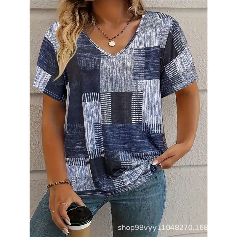 Women V Neck Geometric Patchwork Print Short Sleeve Casual Loose Summer T Shirt Tops