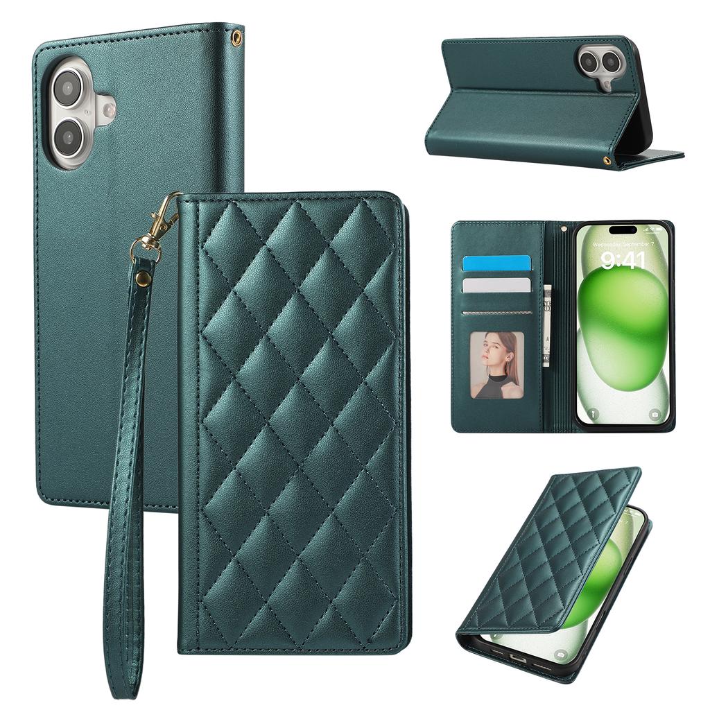 For iPhone 16 Case RFID Blocking Wallet Stand Rhombus Leather Phone Cover with Wrist Strap