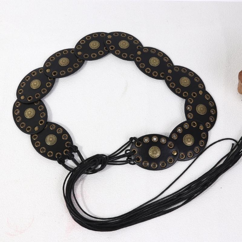 Bohemian Oval Disc Waist Belt PU Leather Selftied Belt Adjustable Waist Strap For Women Girl Daily Outfit Stage Wear