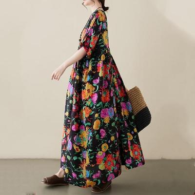 Floral Vintage Dress Summer Loose Plus Size Women Casual In Cotton New Long Short Sleeve Dresses