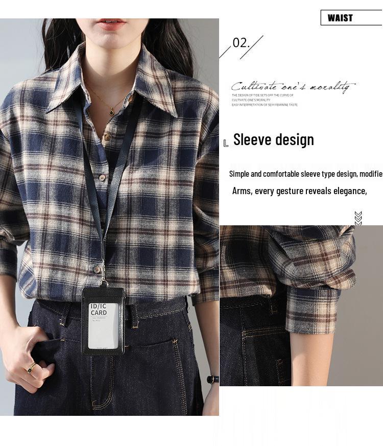 Women's Dark Blue Retro Plaid Shirt Jacket - Autumn/Winter 2025 New Korean Style Long Sleeve Top