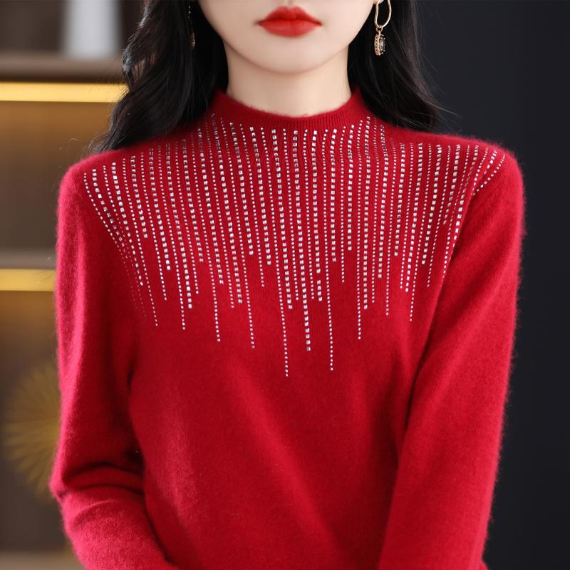 Women's Half Turtleneck Diamond Sweater, Qinghe Cashmere, 30% Cashmere 70% Wool, Winter Knitted Pullover Autumn Sweater Cashmere Sweater