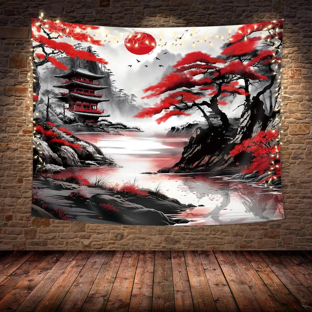 Japanese Red Tapestry Black Chinese Mountain Sun Asian Cherry Blossom Fabric Wall Hanging Anime Tree Birds Lake Landscape Ink