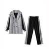 Conjunto feminino casual de blazer e calça patchwork com casaco de manga comprida e botões, calça pantalona, ​​estilo outono.