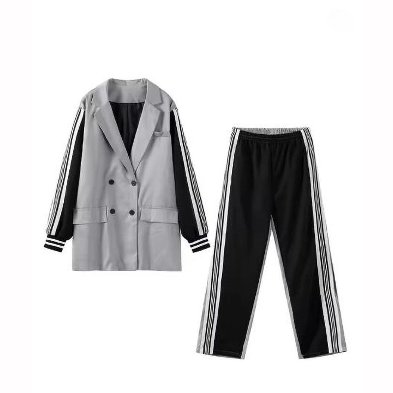 Conjunto feminino casual de blazer e calça patchwork com casaco de manga comprida e botões, calça pantalona, estilo outono.