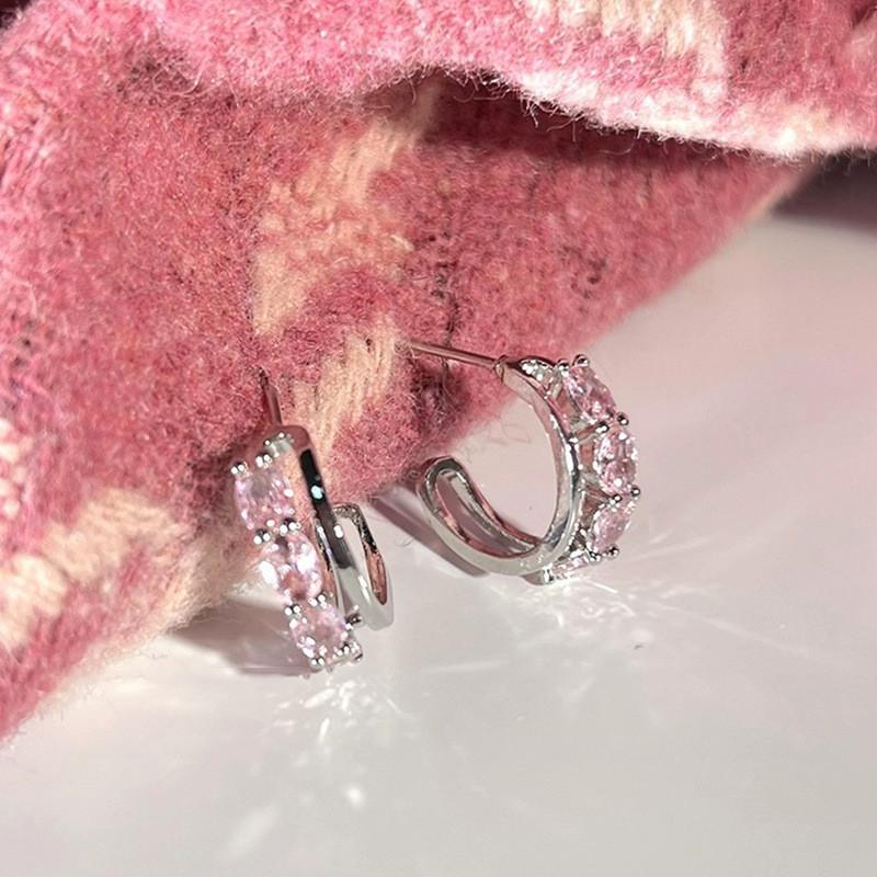 2 pcs Sweet Pink  Stud Earrings for Women Silver C-shaped Earring Accessories Jewelry