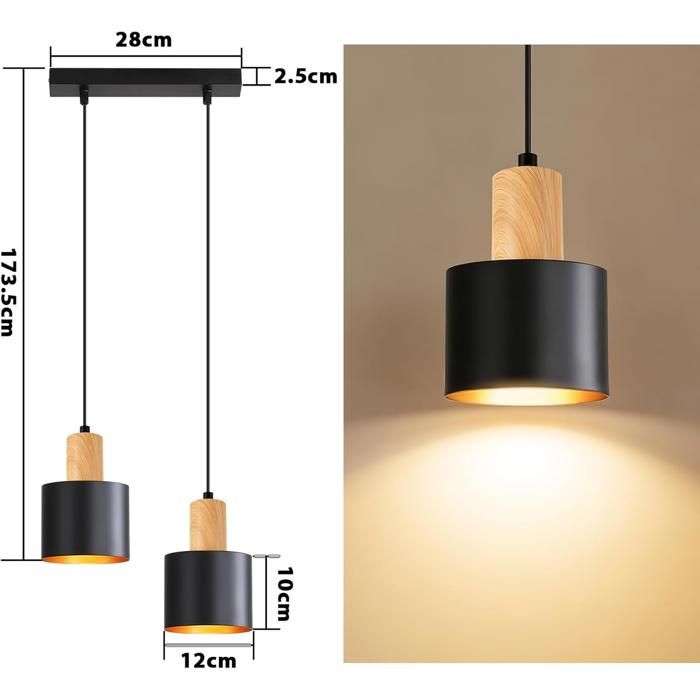 Suspension - NETTLIFE - Vintage 2 lumières - Douilles E27 - Métal noir - Hauteur réglable
