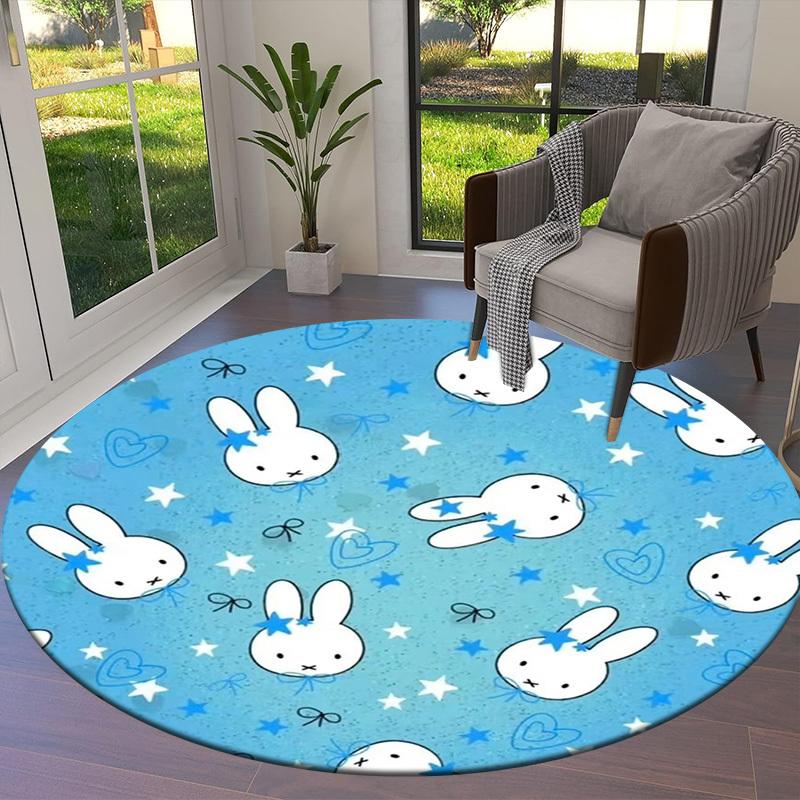 1pc Cute Bunny Pattern Blue Stars Hearts Round Carpet, Made of Polyester,Perfect for Decorating Office Chairs, Living Rooms Fplt817