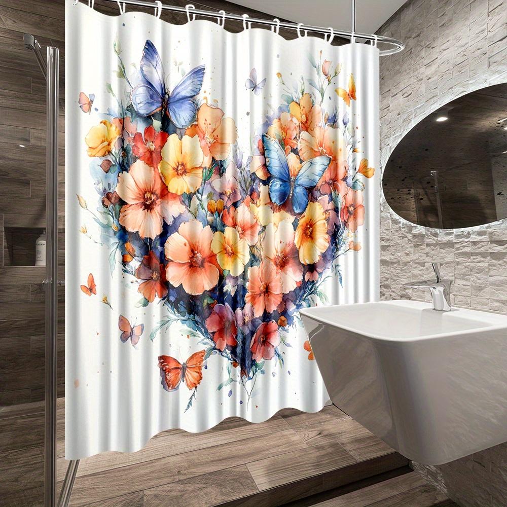 1Pc Valentine'S Day Floral Heart Shower Curtain With Colorful Butterflies - Polyester Fabric Bathroom Decor, 70. 8X70. 8 Inches,
