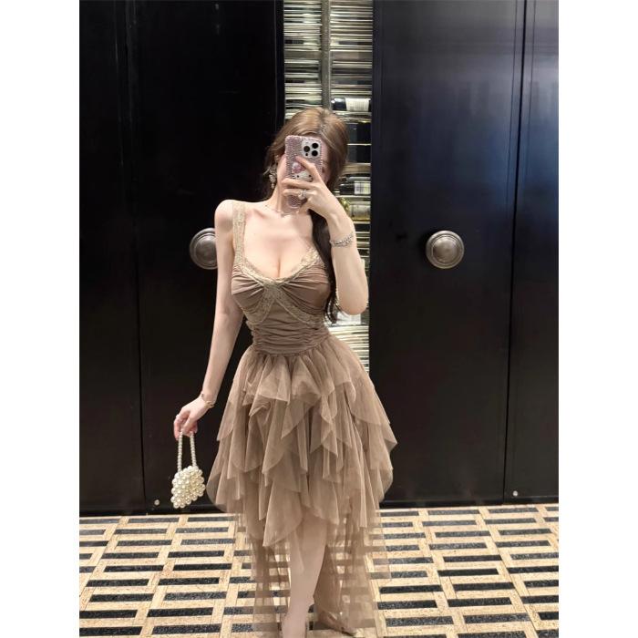 

Light luxury high-end birthday dress princess mesh suspender dress long dress irregular skirt XL