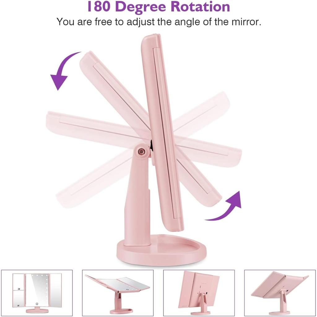 Schminkspiegel mit LED-Lichtern, 3-fache Vergrößerung, Touch-Steuerung, Tragbares faltbares Design, Batterie- und USB-betrieben (Rose