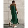 Elegant Green Cotton-Linen Loose Slit Strap Dress, New Summer Long Dresses For Women
