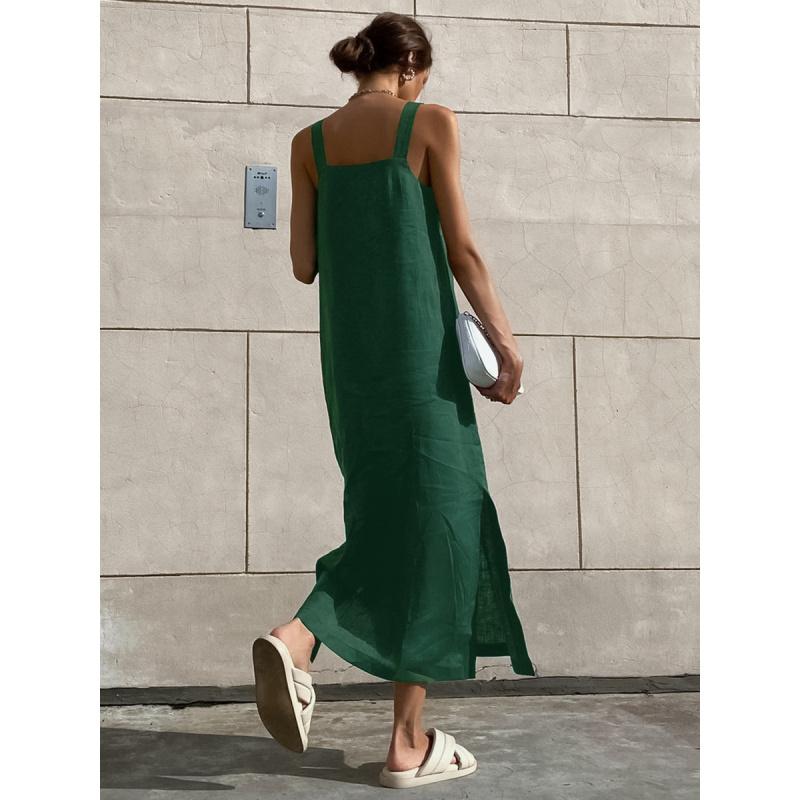 Elegant Green Cotton-Linen Loose Slit Strap Dress, New Summer Long Dresses For Women