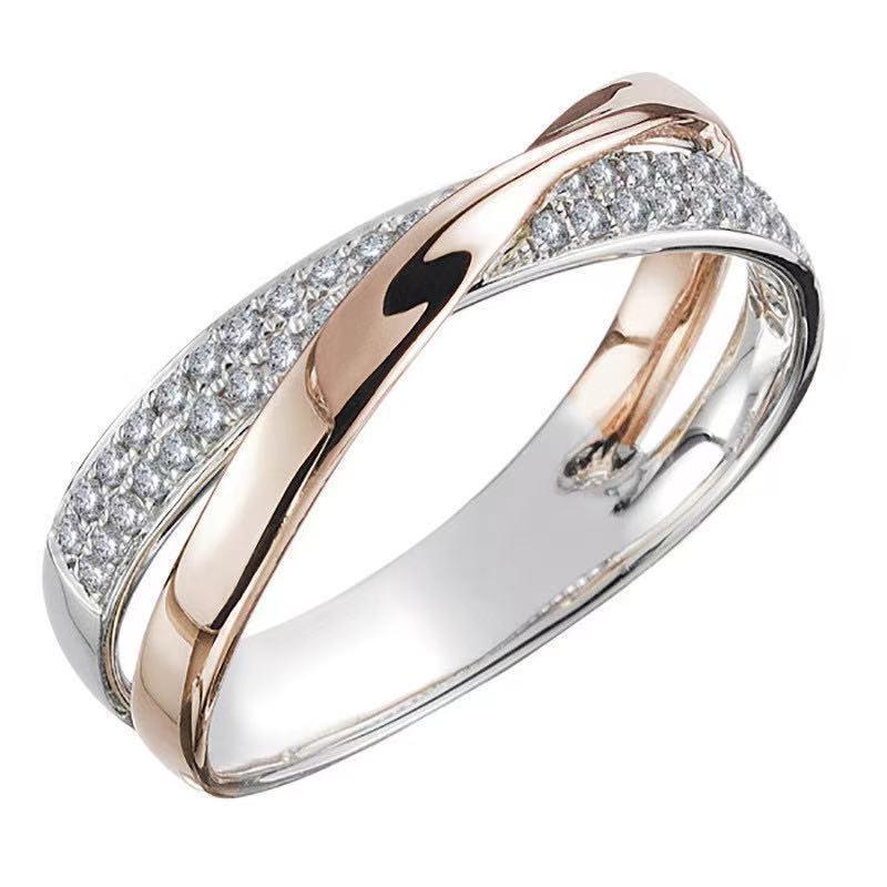Two Tone Criss Cross Ring with Paved Cubic Zirconia, Intertwined Band Promise Ring for Women, Fashion Wedding Jewelry