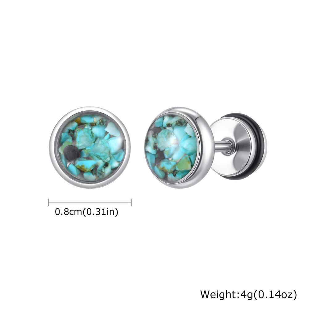 New Natural Stone Men's Small Round Stud Earrings,Simple Stainless Steel Metal Stud Earrings,Hip Hop Cool Jewelry Gift