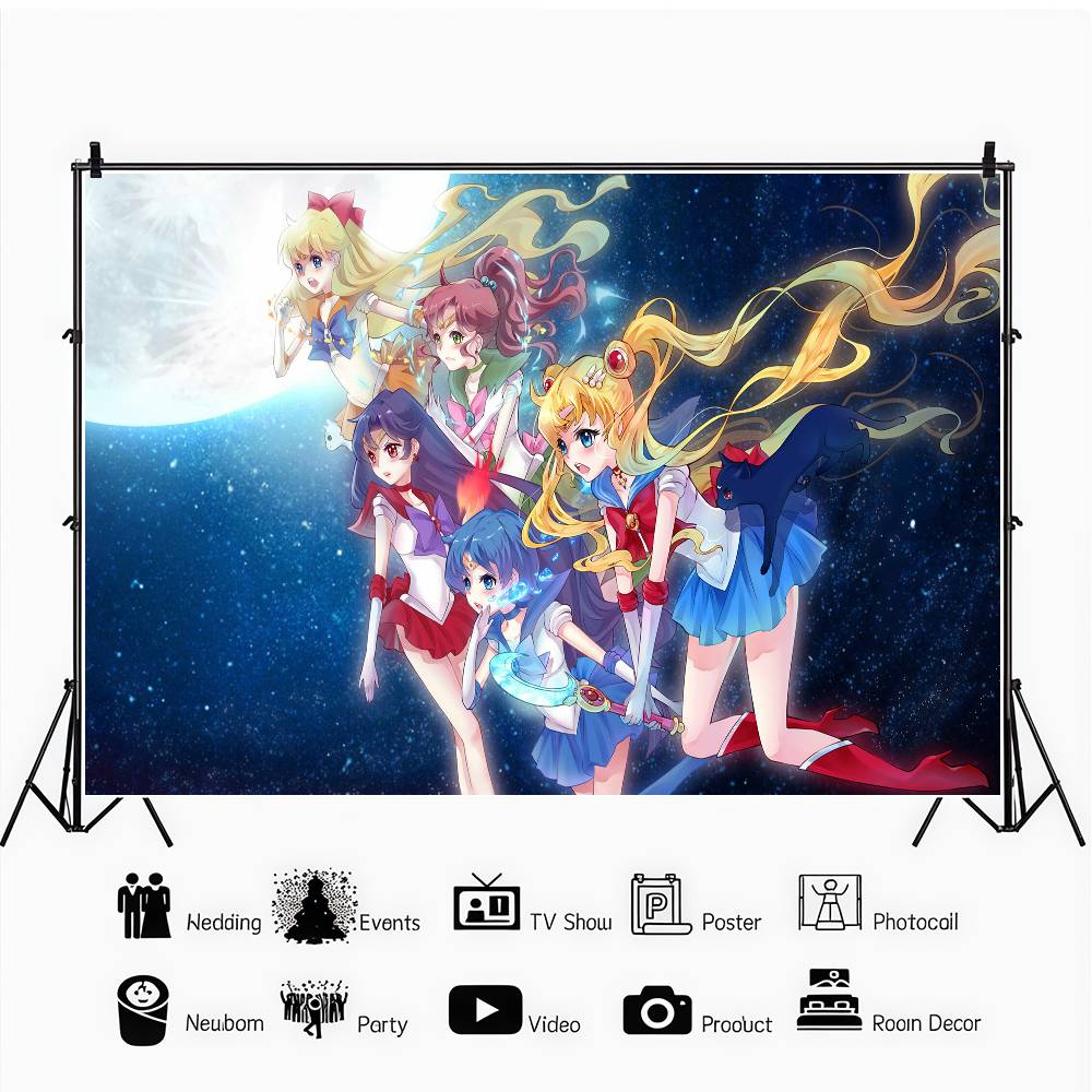 S-Sailor Moon Birthday Party Banner Backdrop Custom Children Room Photography Poster Decor Background
