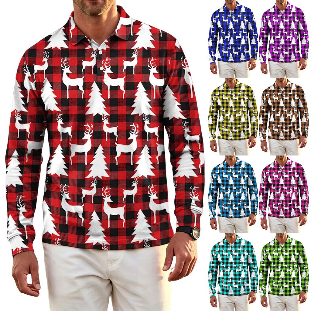 Men's Golf Shirt Long Sleeve Casual Christmas Print Quick-Dry Mesh Top