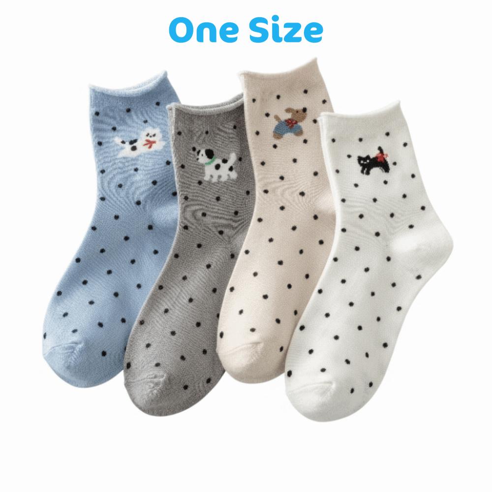 1 Pair Cotton Women Socks Cartoon Dog Cat Printed Middle Tube Socks Kawaii Polka Dot Socks