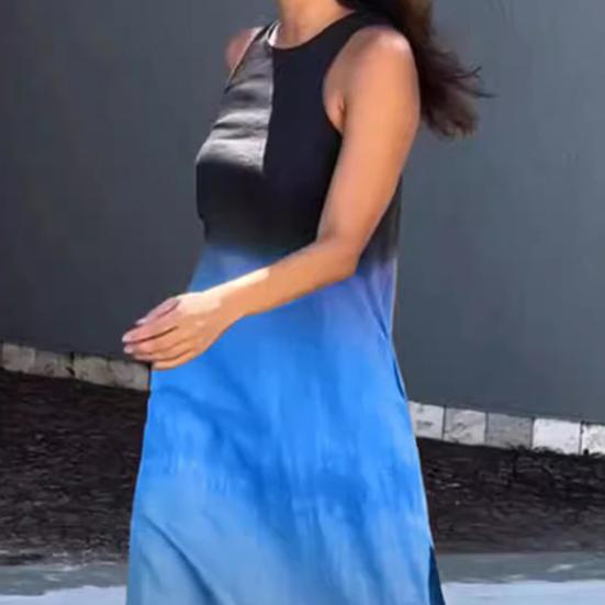 Sommerkleid für Damen, Farbverlauf, Farbblock, ärmellos, O-Ausschnitt, lockere Länge bis zur Mitte der Wade, Dating, Party, Urlaub, Strand, Midikleid