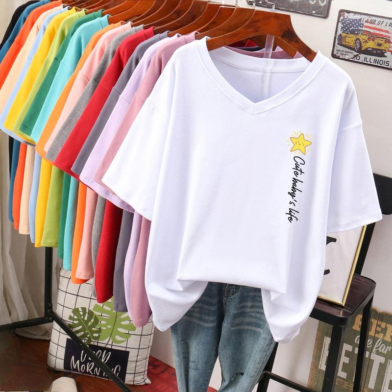 

Футболка з коротким рукавом, Вільного крою, Приталена футболка з V-подібним вирізом з принтом для жінок S білий