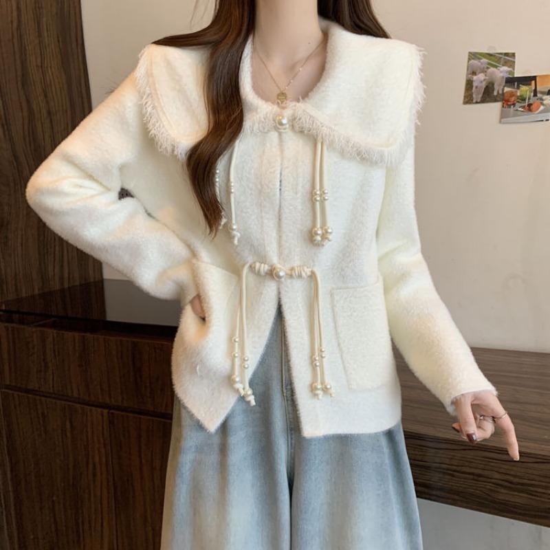 

Autumn and winter new knitted cardigan top women s sweet doll collar imitation mink fleece sweater jacket one size fits all белый