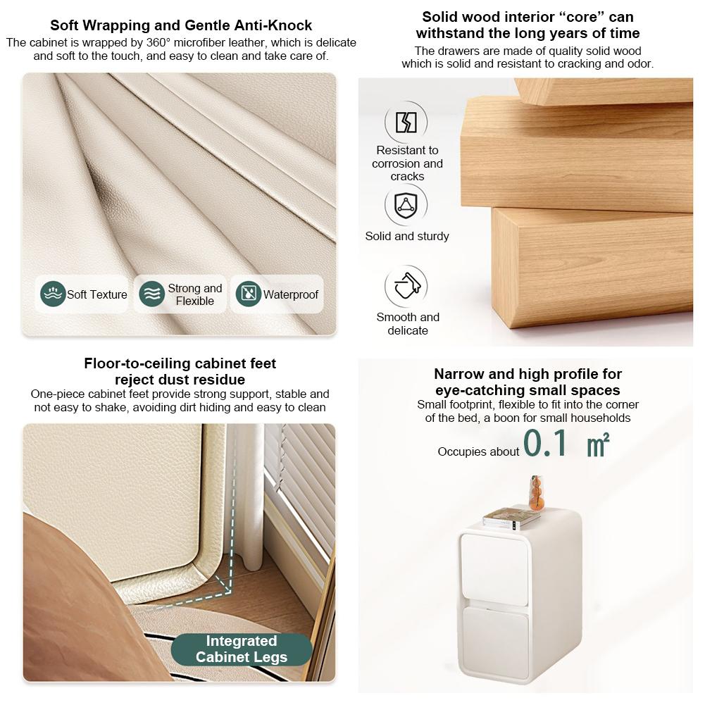 Solid Wood Bedside Table with Drawers Side Table for Bedroom with Leather Surface Bedside Cabinet for Bedroom Living Room