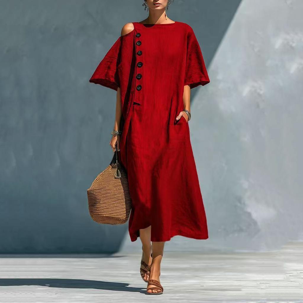 Modisches Damen Hemdkleid mit Rundhalsausschnitt, lockerer Passform, aus Baumwoll-Leinen-Mischung