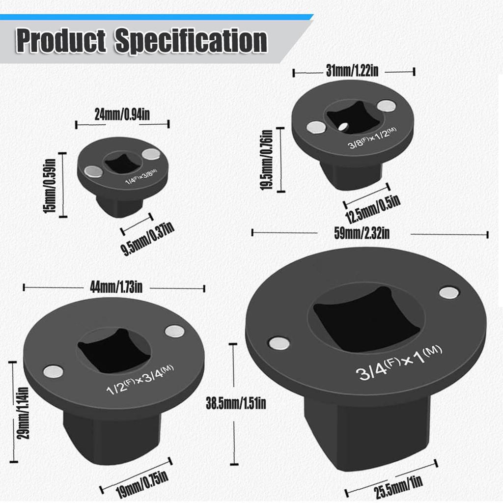 4PCS Low Height Heavy Duty Socket Adapter Set Ratcheting Wrench Adapter Kit 3 8 To 1 2 1 4 To 3 8 3 4 To 1 1 2 To 3 4