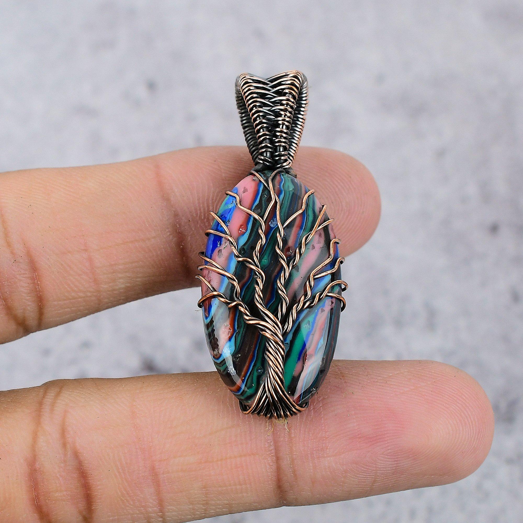 

Rainbow Calsilica Pendant Gemstone Jewelry, 999 Copper Wire Wrapped Pendant, Handmade Jewelry Birthstone Pendant, Gift For Him 2.55 Inches
