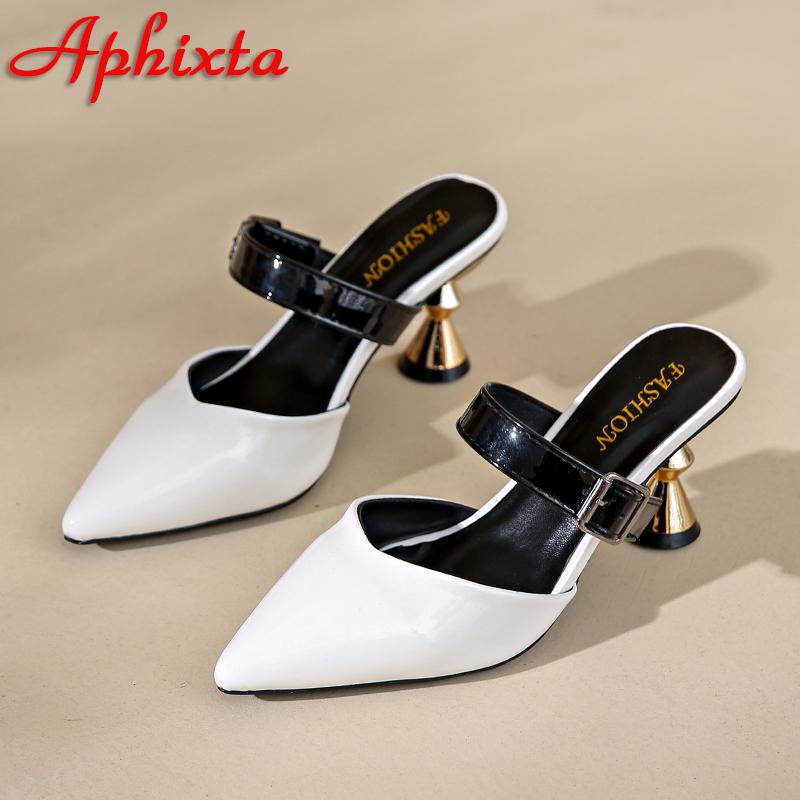 Aphixta Summer Pointed Toe 7cm Special Heel Slides Belt Buckle Woman Shoes Slides Sandals Classic Shoes Size 35-43