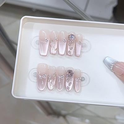 Reine Handgefertigte Phototherapie Trage-Nageltabletten Rosa Rose Wörter Breites Licht Katzenauge Handbemalt Dreidimensionaler Flash Nail Art Patch