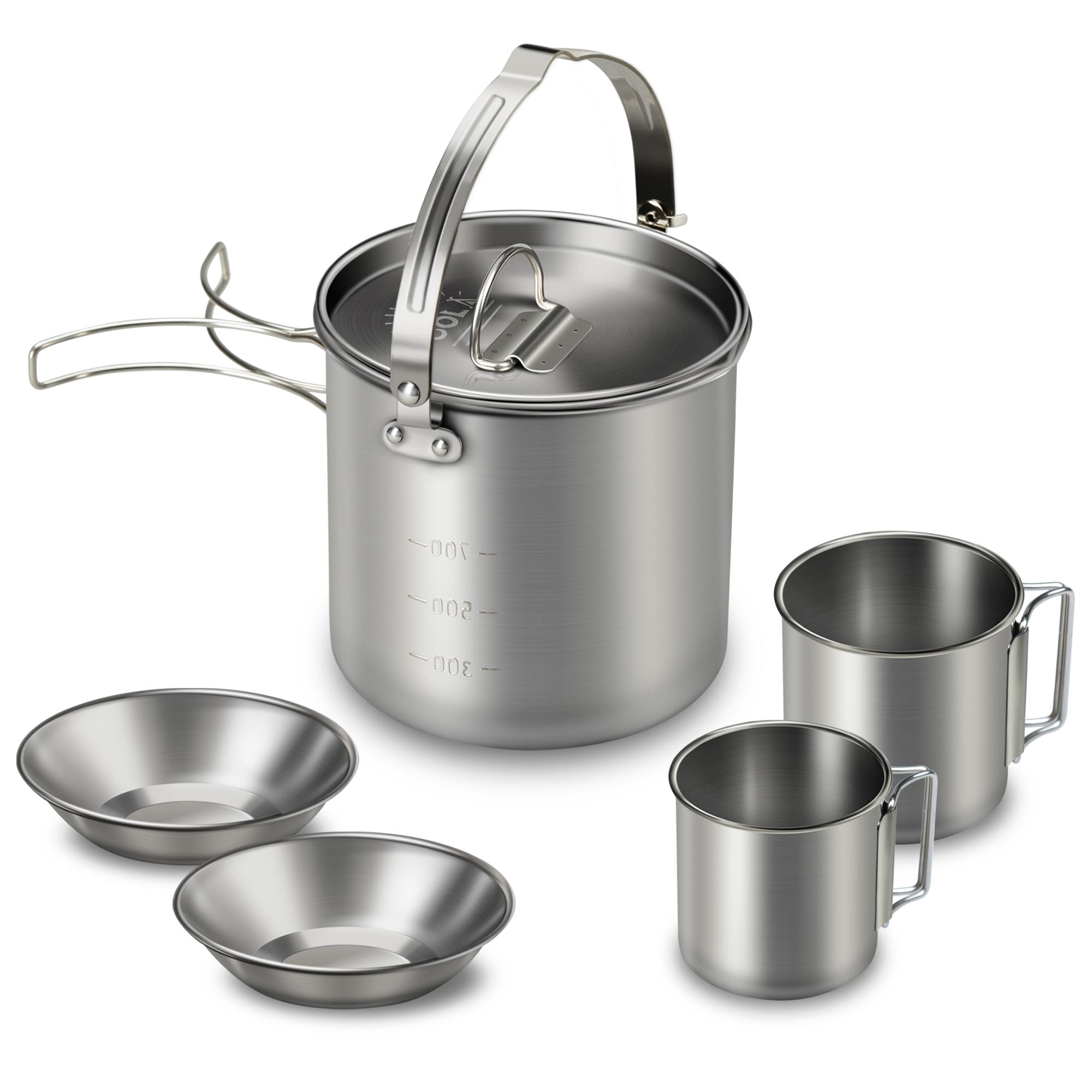

5PCS Stainless Steel Kettle with 2 Cups 2 Bowls Foldable Handles Lid Large Capacity Portable Tea Coffee Water Cooking Pot for Camping Hiking Picnic Ou