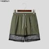 INCERUN Men Drawstring Elastic Waist Pockets Hollow Patchwork Casual Cargo Shorts Pants