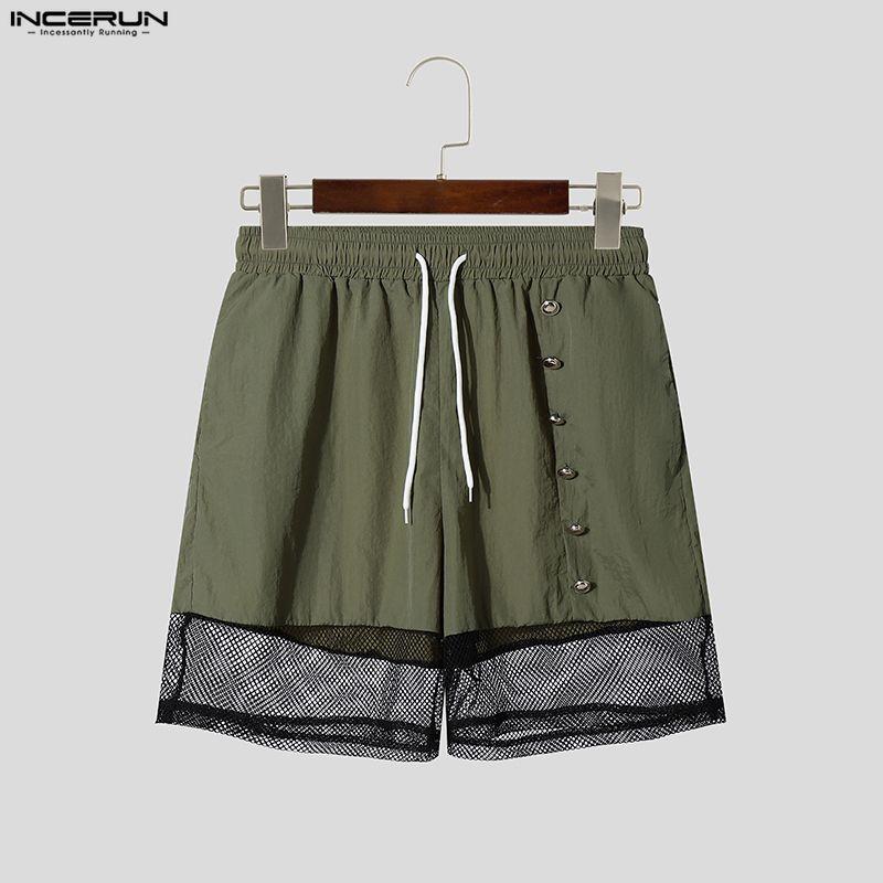 INCERUN Men Drawstring Elastic Waist Pockets Hollow Patchwork Casual Cargo Shorts Pants