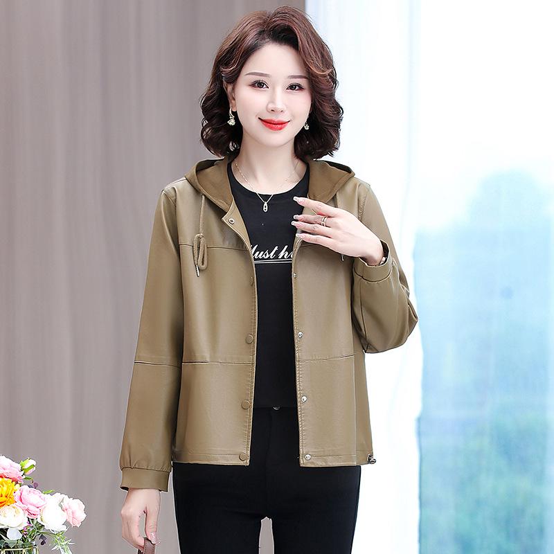 Women's Spring Hooded PU Leather Jacket - Short Style for Middle-Aged and Elderly Ladies