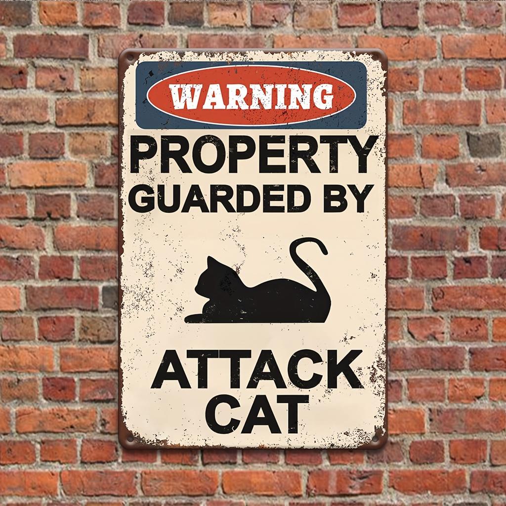 Attacking Cat Warning Sign - Vintage Aluminum Yard Sign for Outdoor Wall Decor - Multipurpose Wall Mounted Metal Plaque