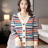 Striped Cashmere Cardigan Women's V-neck Casual Thick New Spring New Retro Jacquard Wool Sweater Knitted JSweater Jacket