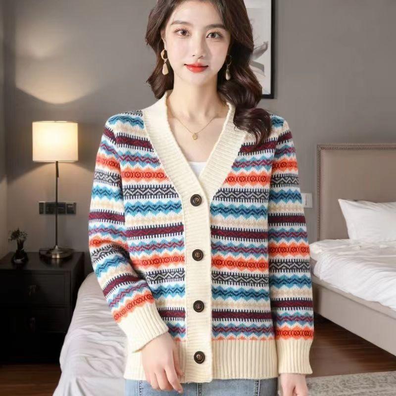 Striped Cashmere Cardigan Women's V-neck Casual Thick New Spring New Retro Jacquard Wool Sweater Knitted JSweater Jacket