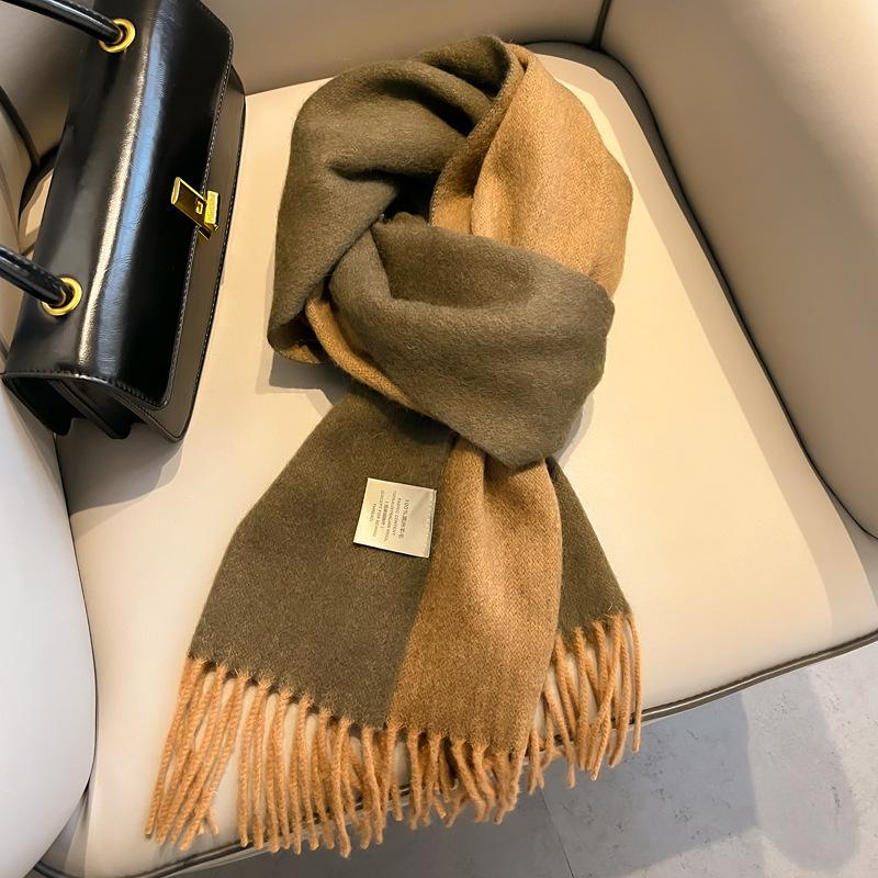Gradual change color pure wool scarf women's winter versatile tassel long double-sided color large shawl dual-purpose new
