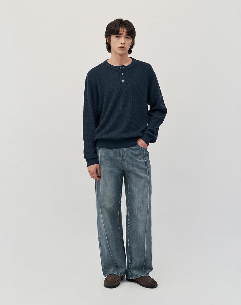 WORK ON BODY OFF Easyon Semi-Overfit Henley Neck Knit [Navy]