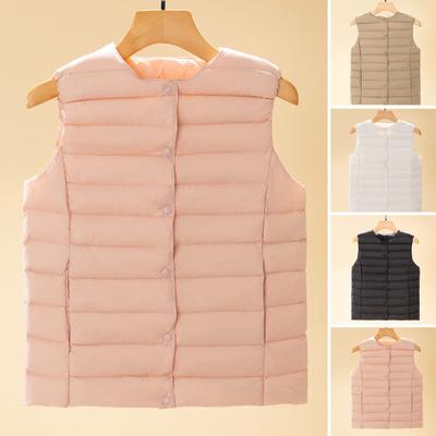 Winter Women Layering Vest Coat with Storage Bag Thin Padded Button Closure