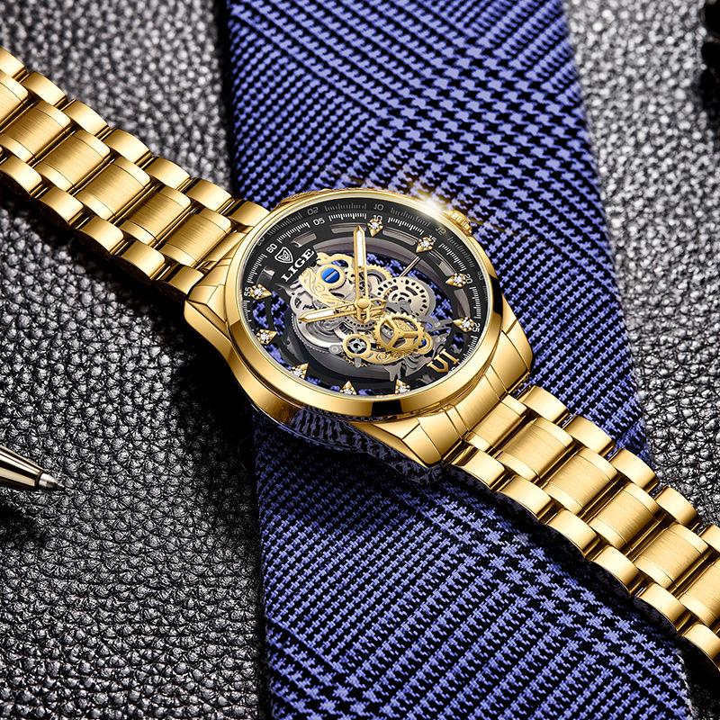 LIGE Men's Skeleton Quartz Watch: Transparent, New Concept, Business, Waterproof.